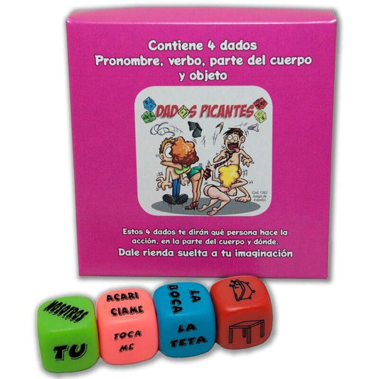 DIABLO PICANTE - JUEGO 4 DADOS PRONOMBRE, VERBO, PARTE DEL CUERPO Y LUGAR - Sensuana.es