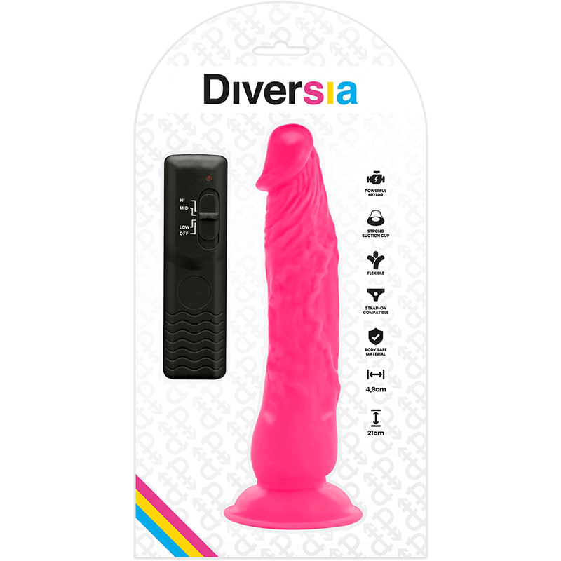 DIVERSIA - DILDO FLEXÍVEL COM VIBRAÇÃO ROSA 21 CM -O- 4,9 CM