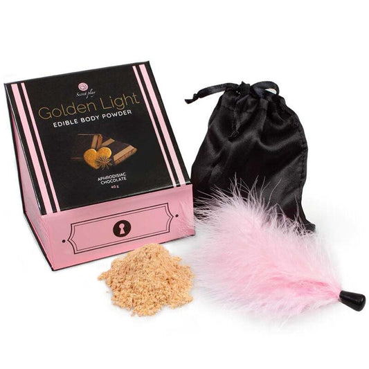 SECRETPLAY - GOLDEN LIGHT KIT POLVOS COMESTIBLES Y PLUMA CHOCOLATE AFRODISIACO - Sensuana.es