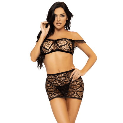 LEG AVENUE - SET TRES PIEZAS TOP, MINI FALDA Y TANGA TALLA UNICA - NEGRO - Sensuana.es