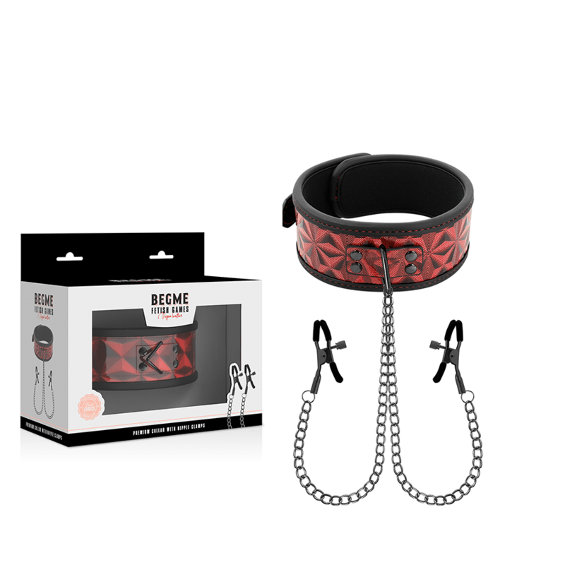 BEGME - RED EDITION COLLAR WITH CHAINS AND NIPPLE CLAMPS WITH NEOPRENE LINING