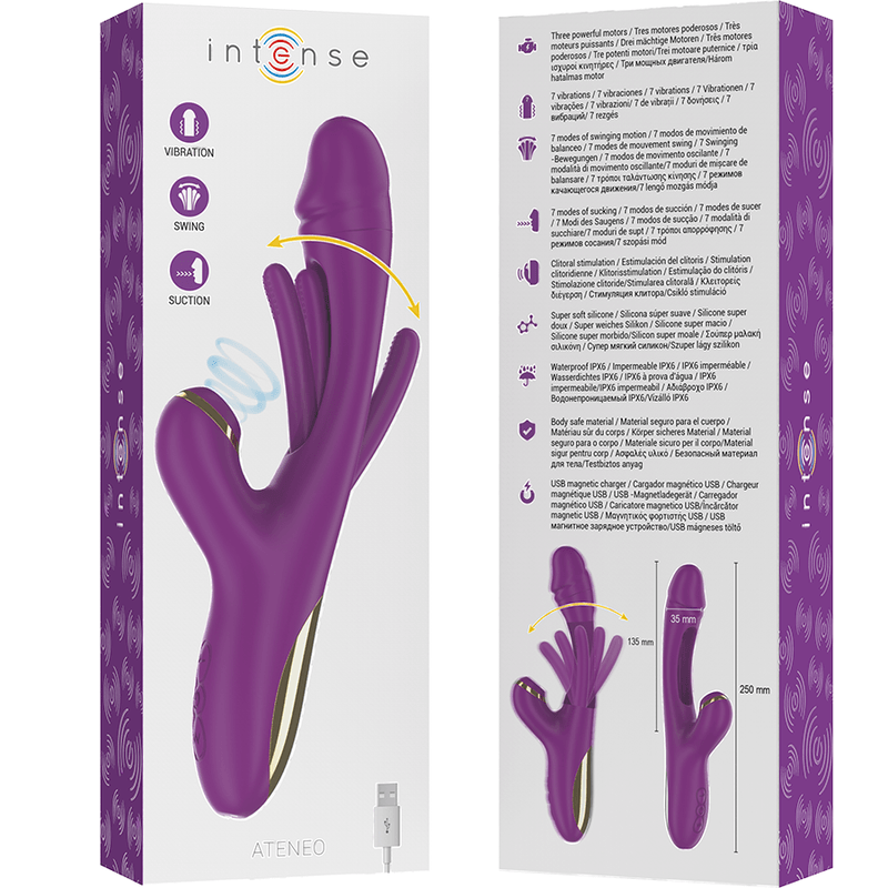 INTENSE - ATENEO VIBRADOR MULTIFUNCIÓN RECARGABLE 7 VIBRACIONES CON LENGUA OSCILANTE Y SUCCIONADOR MORADO - Sensuana.es