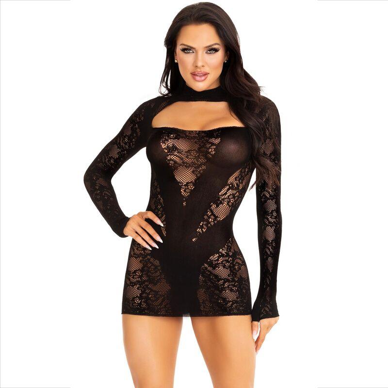 LEG AVENUE - MINI VESTIDO DE ENCAJE CON MANGA LARGA NEGRO - Sensuana.es