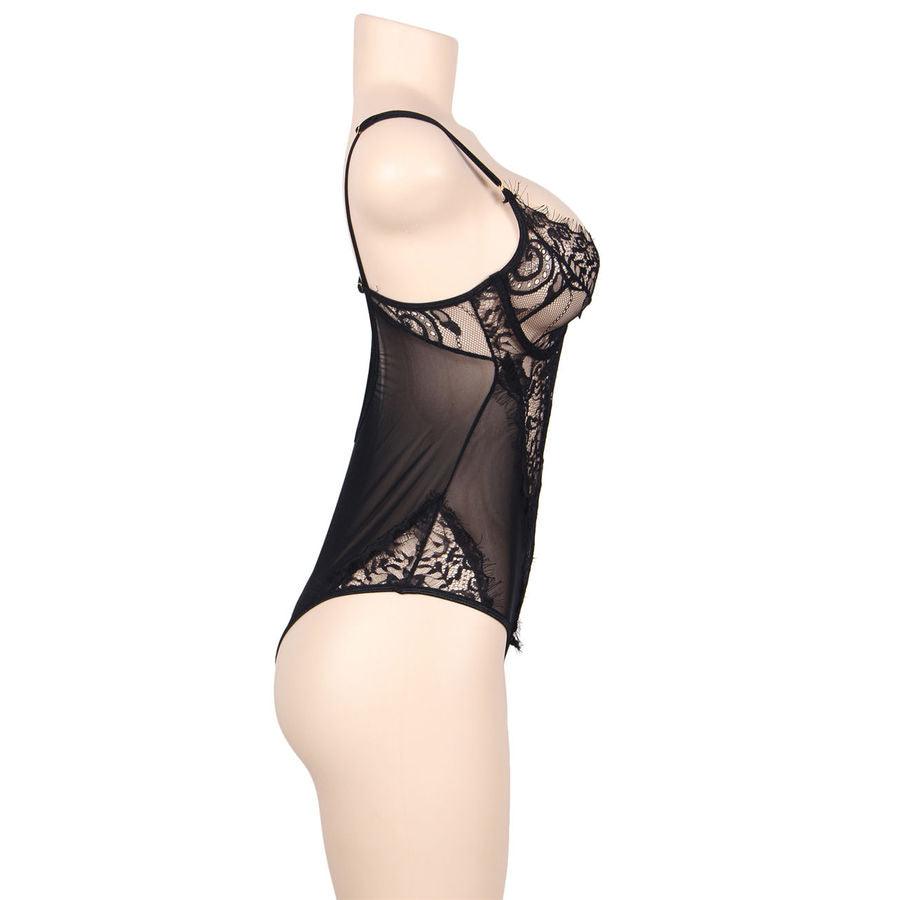 SUBBLIME - TEDDY ENCAJE FLORAL Y CON FLECOS NEGRO TALLA GRANDE - Sensuana.es