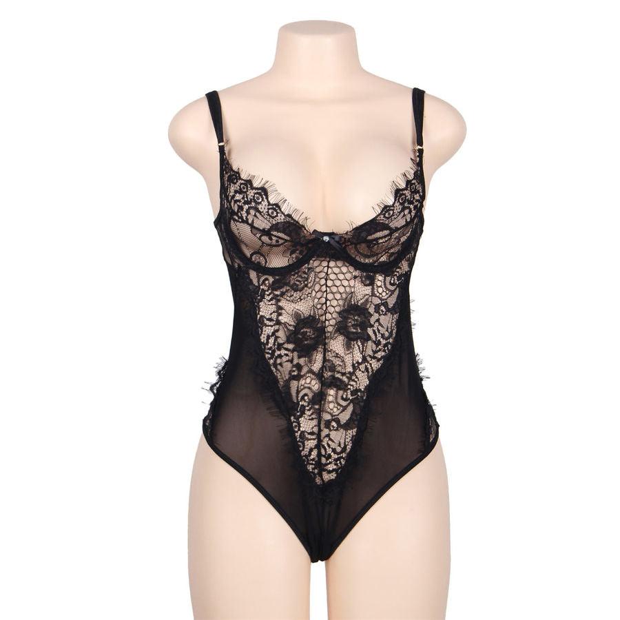 SUBBLIME - TEDDY ENCAJE FLORAL Y CON FLECOS NEGRO TALLA GRANDE - Sensuana.es